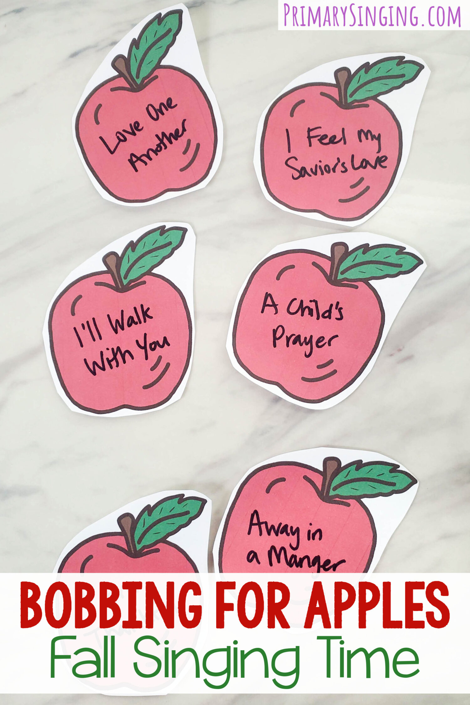 Bobbing for Apples Fall Singing Time printable game for Halloween party or singing time LDS Primary music leader activity. Use this super cute themed apple picking or bobbing game in your classroom kids activities.