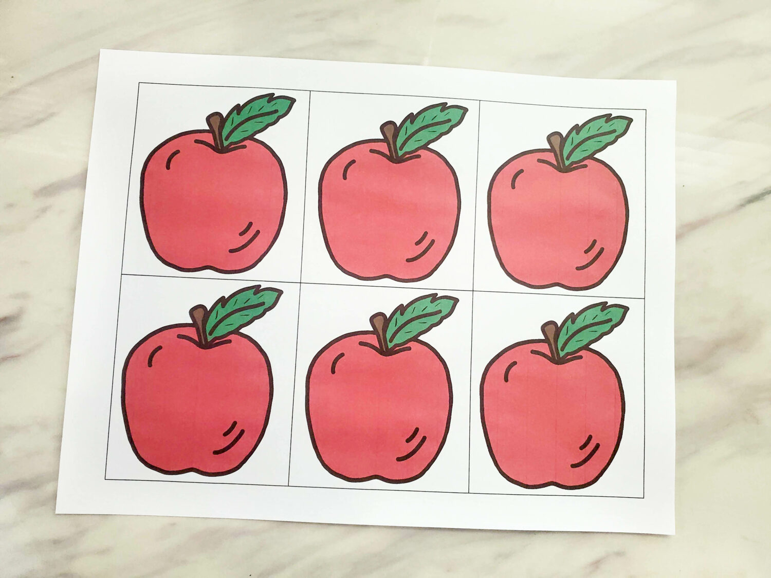 Fall Bobbing for Apples printable game page with 6 apples
