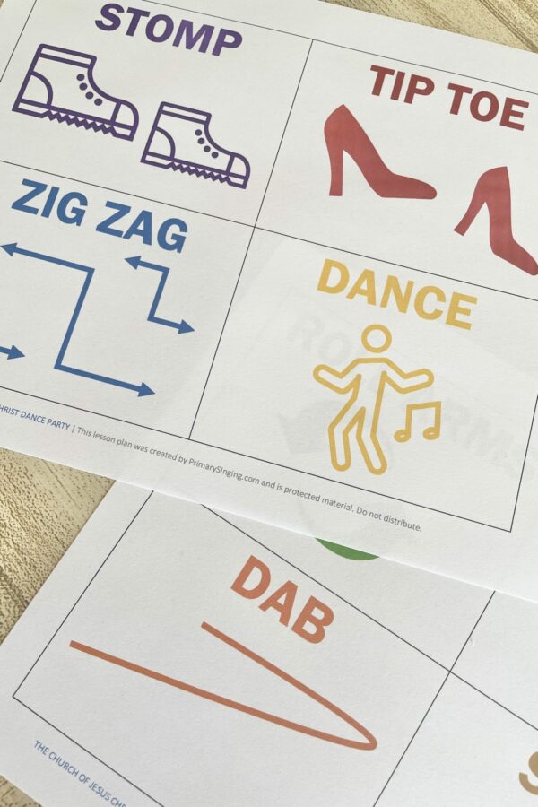 The Church of Jesus Christ Dance Party - use these dance moves in primary for a fun movement activity with printable action cards for LDS Primary Music Leaders.