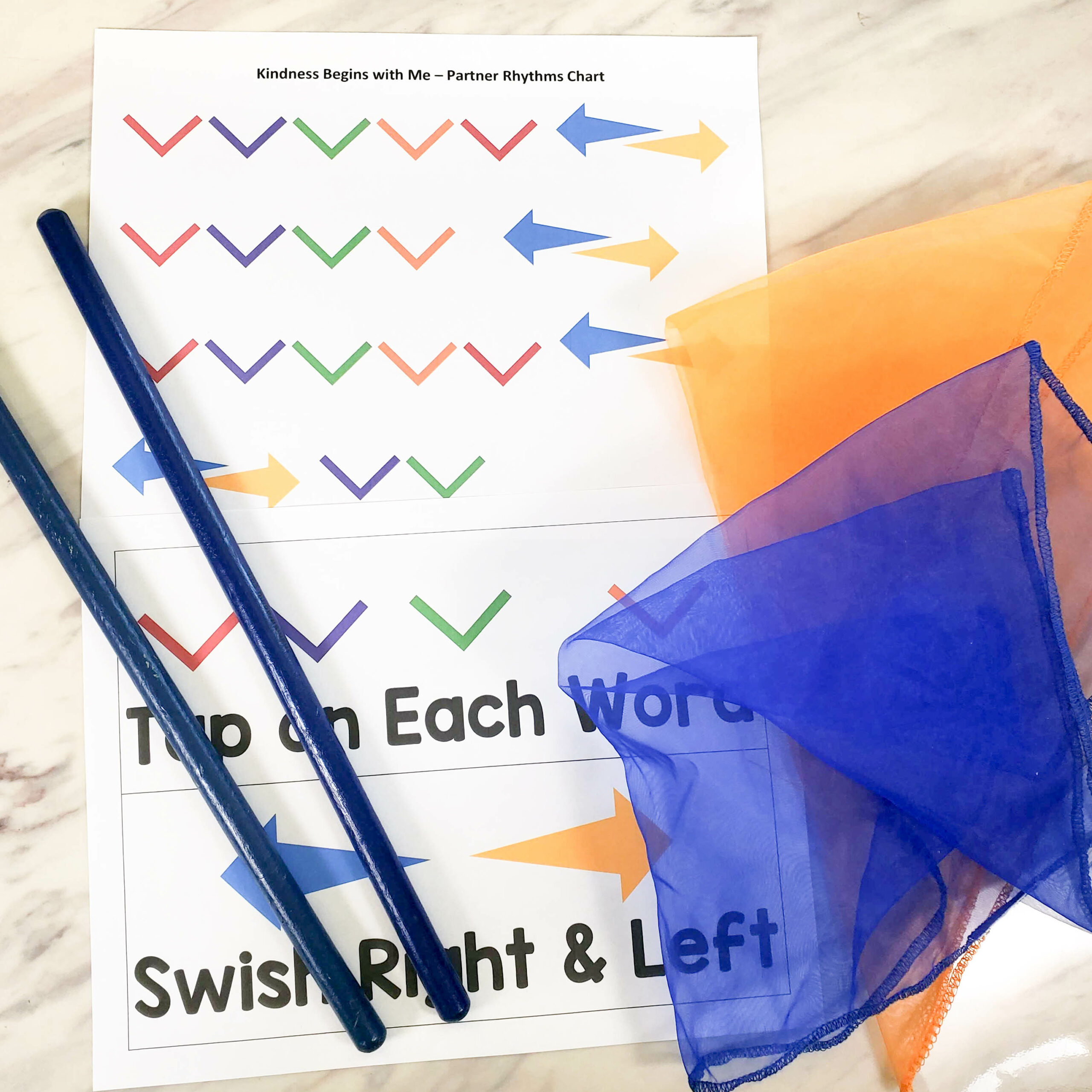 Kindness Begins with Me Partner Rhythms singing time activity! Bring in rhythm sticks and dance scarves (or alternates in the post) to add two different patterns following the melody and rhythm with fun actions! Includes a printable pattern chart for LDS Primary music leaders.