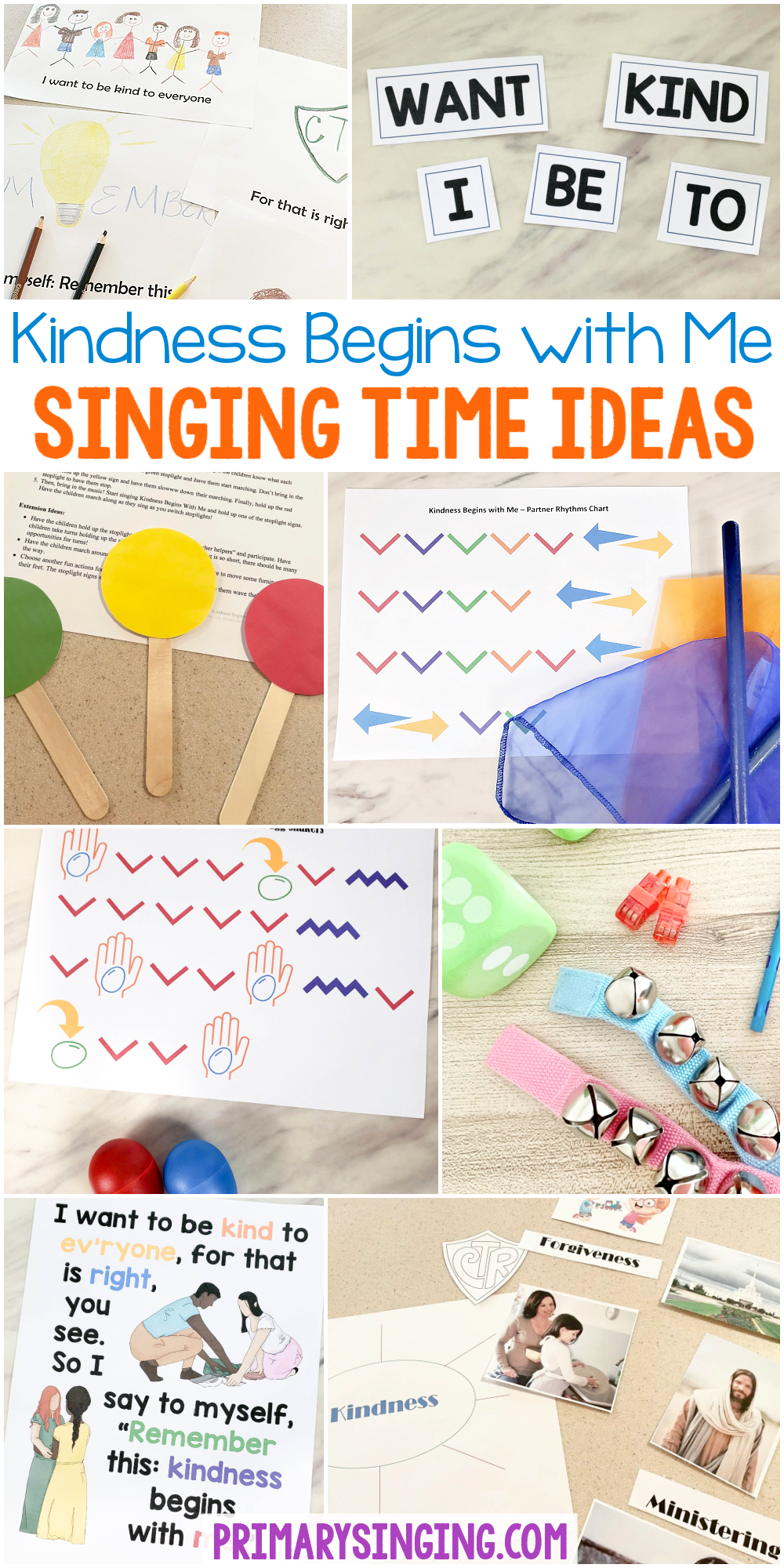 Kindness Begins with Me Singing Time Ideas including stoplight singing, word map, draw the song, unscramble words, partner rhythms and more! Fun ideas for LDS Primary Music leaders and printable song helps.