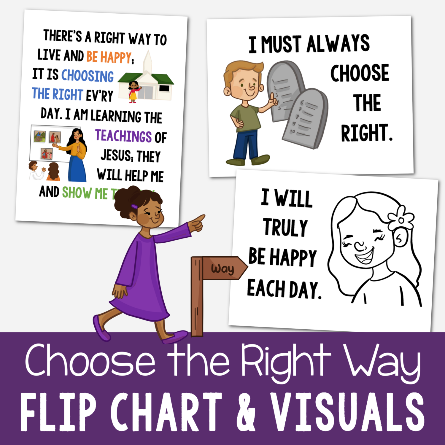 Choose the Right Way Flip Chart with custom art in both portrait and landscape singing time visual aids for LDS Primary music leaders.