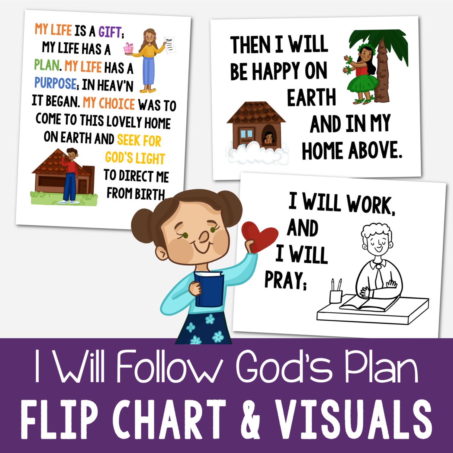 I Will Follow God's Plan Flip Chart with custom art in both portrait and landscape singing time visual aids for LDS Primary music leaders.