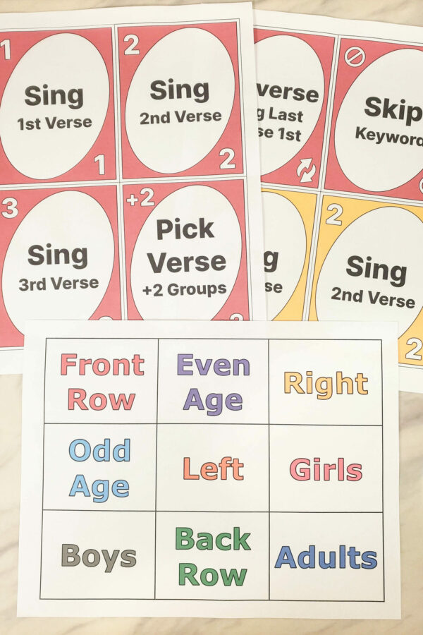 Sing by Color Review Game singing time idea fun colorful card game to pick a song to sing and which verse or way to sing it! Great for a Primary Program song review. Includes printable game cards for LDS Primary music leaders.