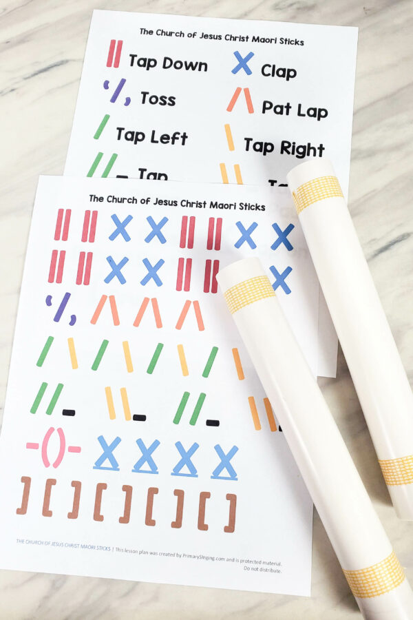 The Church of Jesus Christ Maori Sticks singing time activity for LDS Primary music leaders. Use this fun rhythm pattern to help teach this song or for a review game with lots of movement.