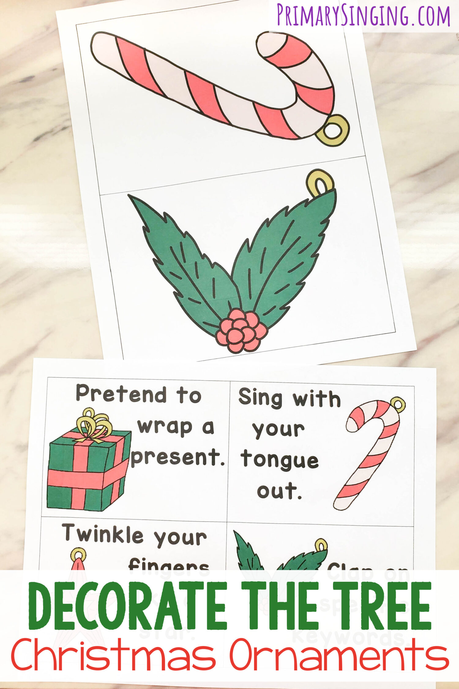 Decorate the Tree Christmas Ornaments fun singing time game and activity for LDS Primary music leaders. Let the kids pick out an ornament and add it to a a Christmas tree and sing the coordinating song or way to sing activity.