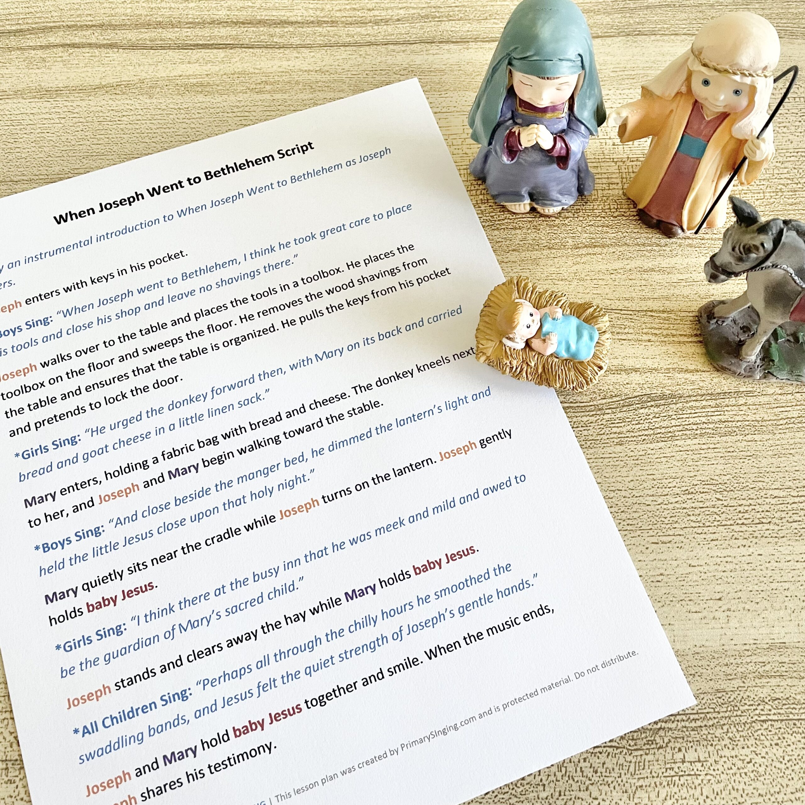 When Joseph Went to Bethlehem Sing & Act Skit - use this simple script to act out this Christmas song in primary or share with your ward. Includes printable script with costumes ideas, props, and additional song helps for LDS Primary Music Leaders.