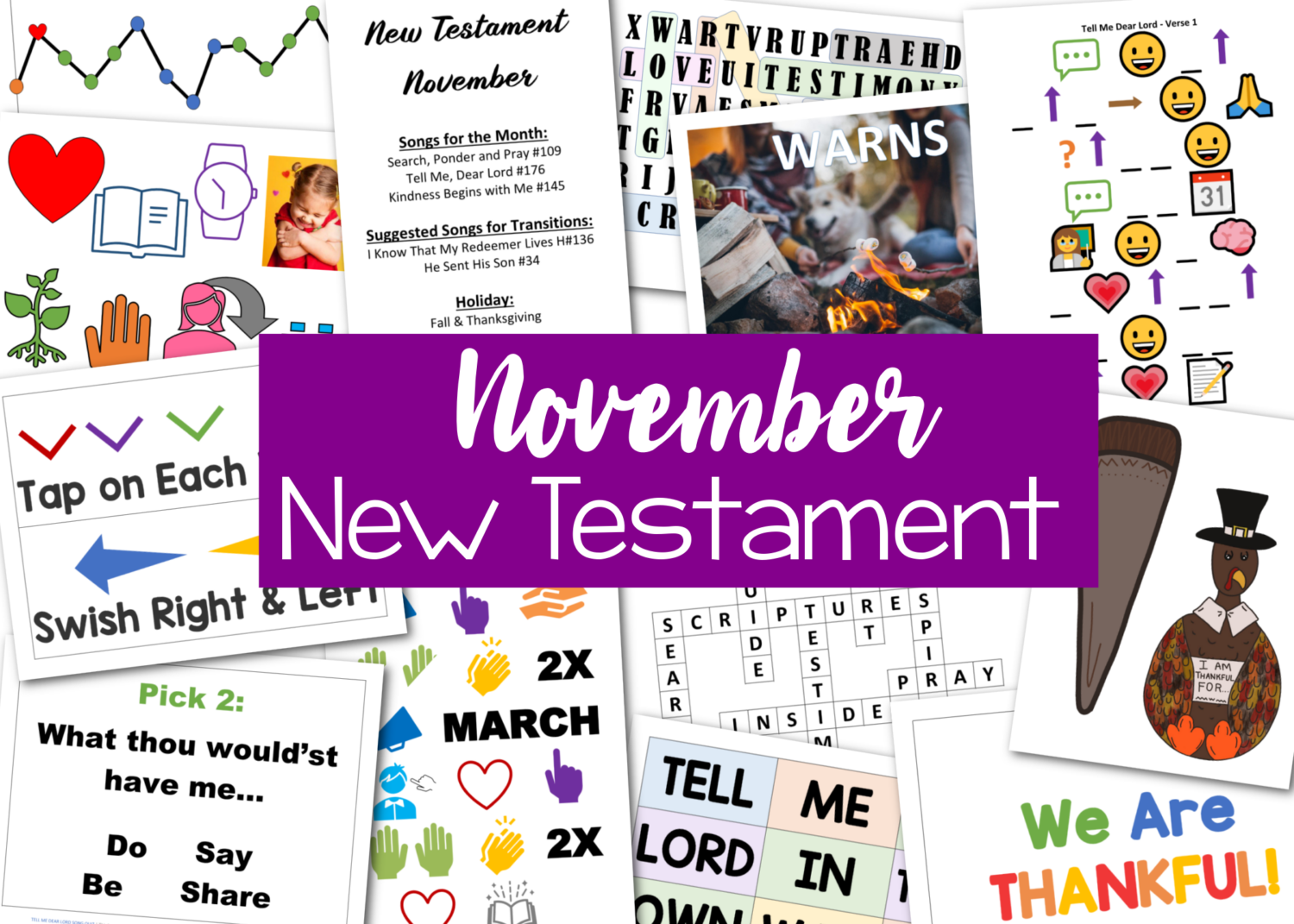 New Testament November Singing Time Ideas primary song list activities to help you teach Search Ponder and Pray, Tell Me Dear Lord, and Kindness Begins with Me, plus fun Thanksgiving Singing Time ideas! There's a wide variety of teaching ideas and printable helps here in this one go-to packet for LDS Primary music leaders and families.