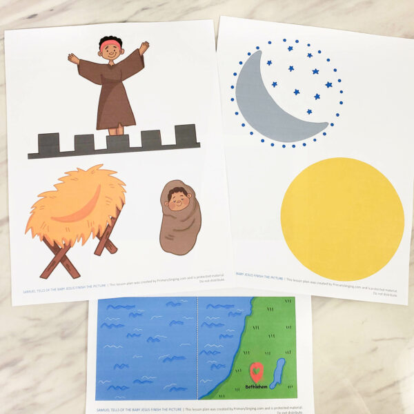 Samuel Tells of the Baby Jesus Finish the Picture singing time activity fun way to interact with this song while teaching or reviewing the lyrics. Printable song helps for LDS Primary music leaders.