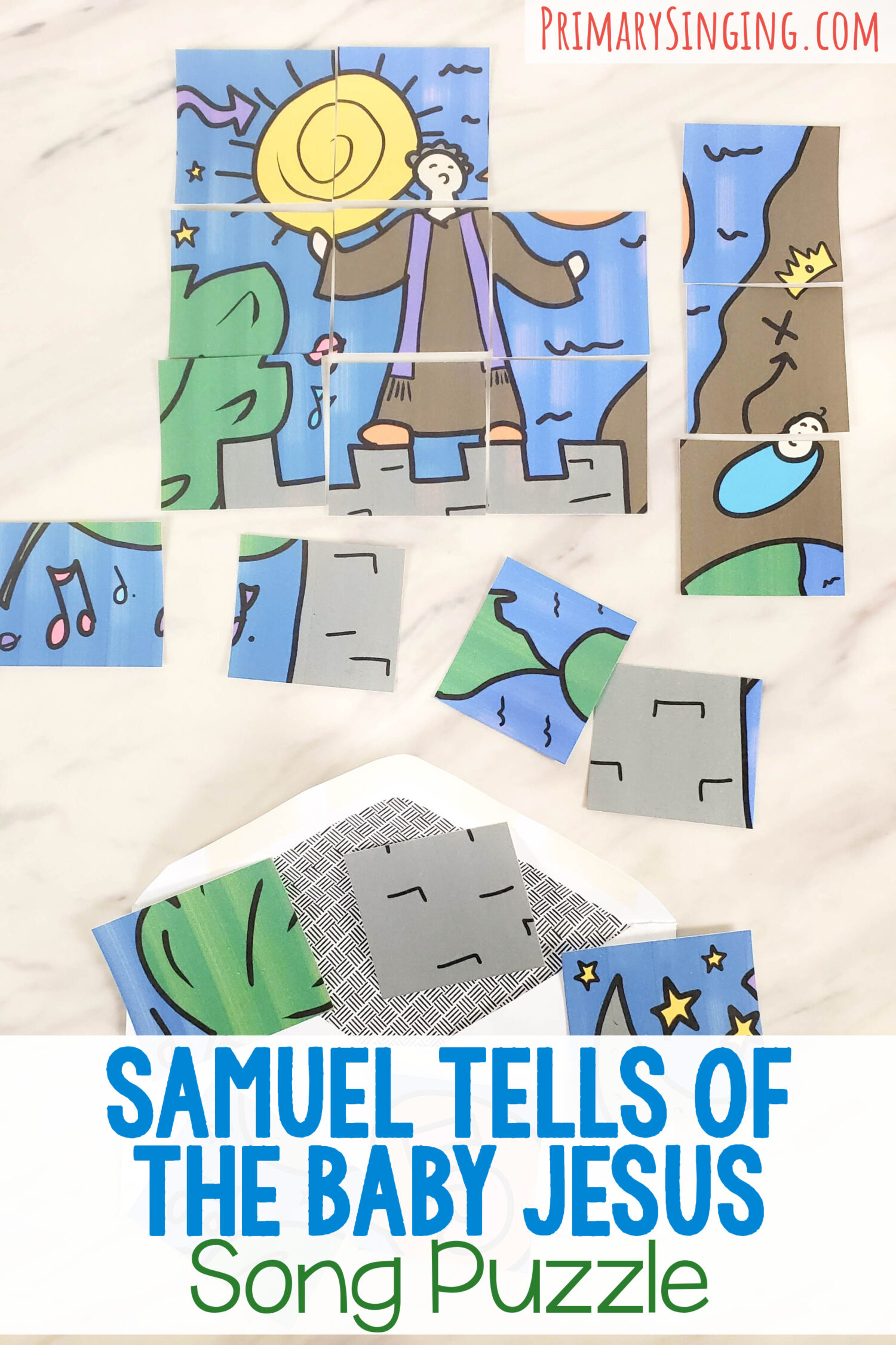 Samuel Tells of the Baby Jesus Song Puzzle - Unscramble this picture scene that depicts the song lyrics in a unique way as you review this song in Singing time! Printable song helps for LDS Primary music leaders.