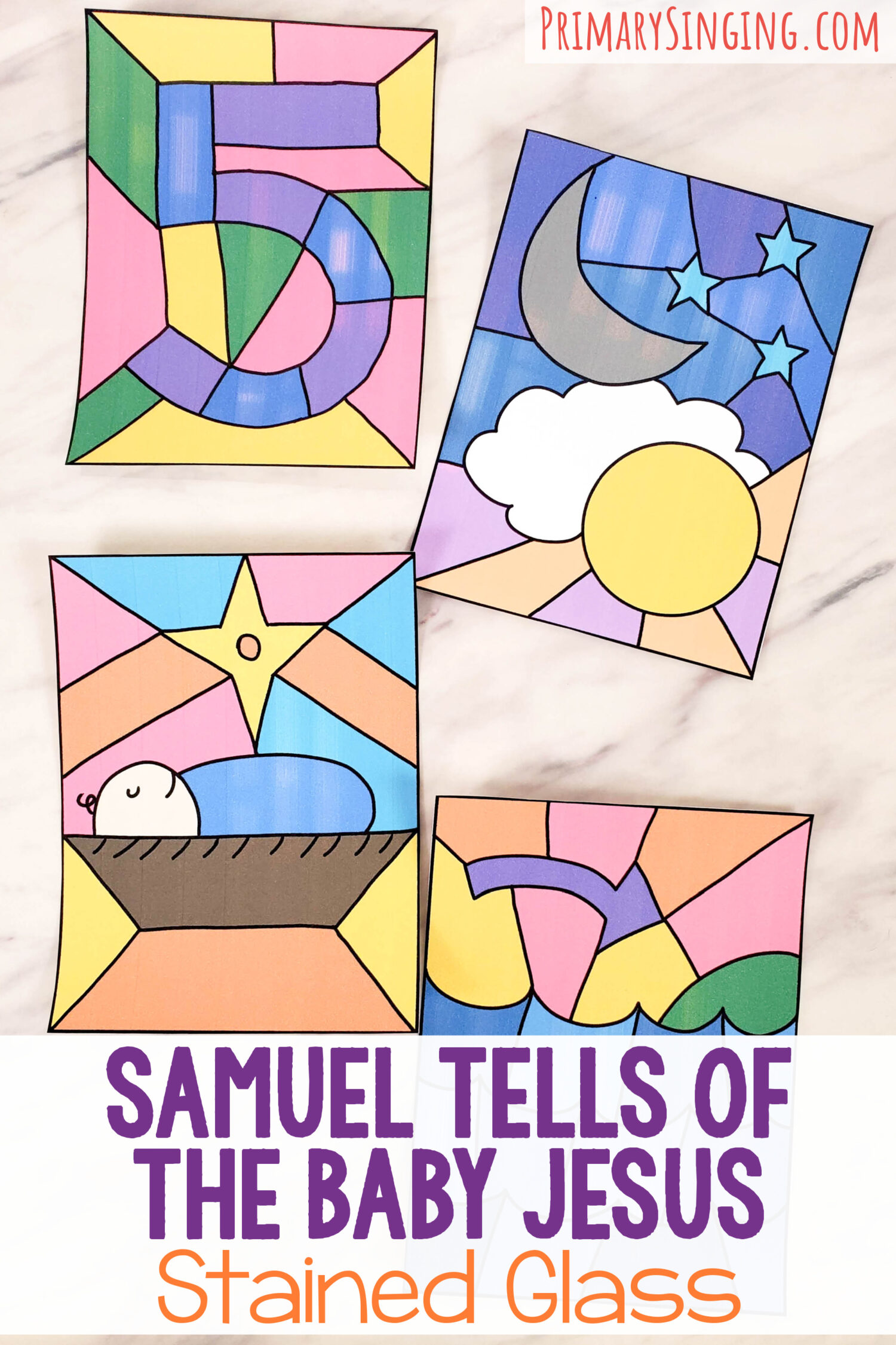 Samuel Tells of the Baby Jesus Stained Glass Art - Use this super cool visual aids as you teach this song with a fun activity to teach the song line by line with a strong visual to help them remember the lyrics. This will be your go-to singing time activity for teaching this song! With printable song helps for LDS Primary music leaders.