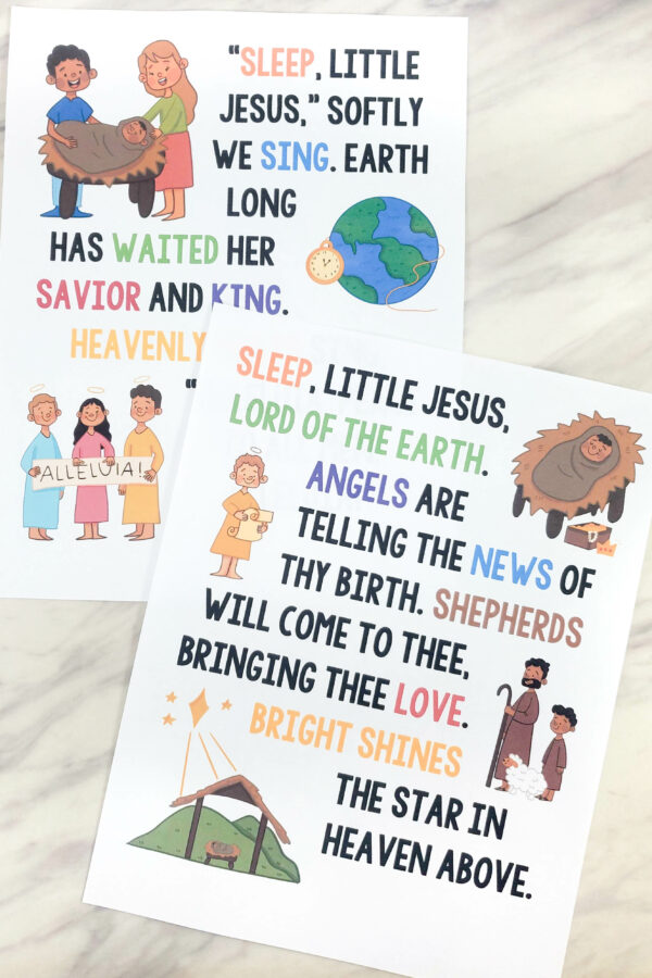 Sleep Little Jesus Flip Chart colorful graphics and illustrations with lyrics and without lyrics printable song helps for LDS Primary music leaders teaching this song for Christmas!