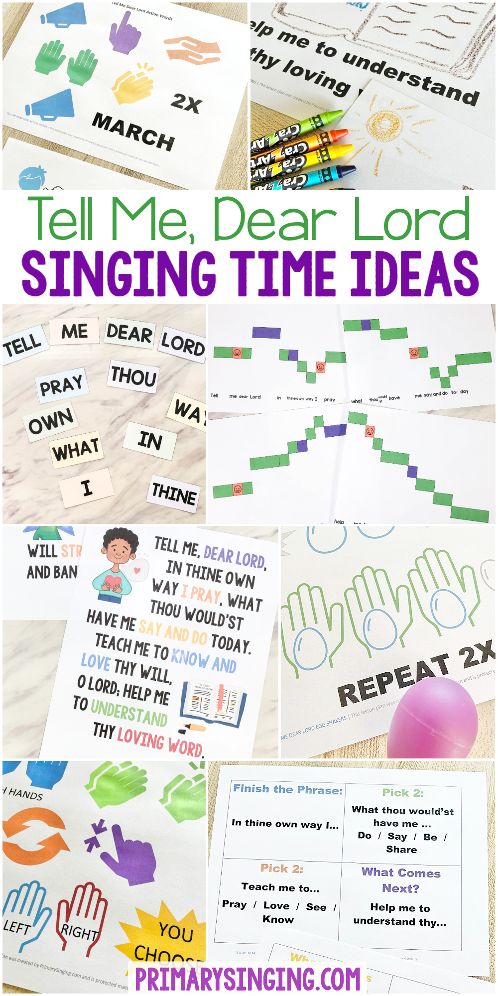 Tell Me Dear Lord Singing Time Ideas lots of fun ways to teach Tell Me Dear Lord Primary song with printable song helps for Primary Music Leaders! Includes egg shakers, crack the code, melody map, action words, song quiz and many more!