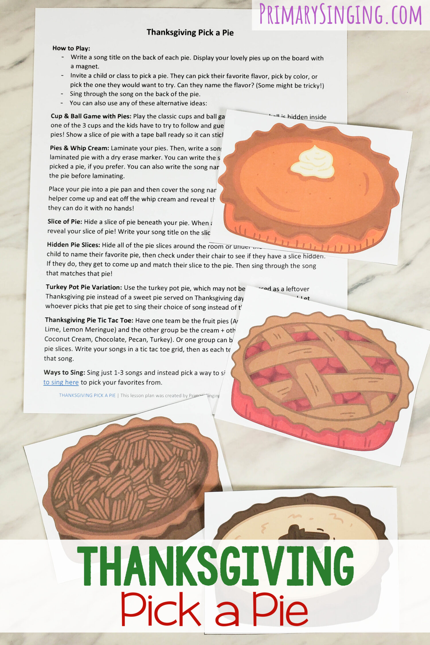 Thanksgiving Pick a Pie Singing Time - Pick your favorite Thanksgiving Pie and sing through the song on the back of the pie. Plus, fun additional ways to play. Printable song helps for LDS Primary music leaders.