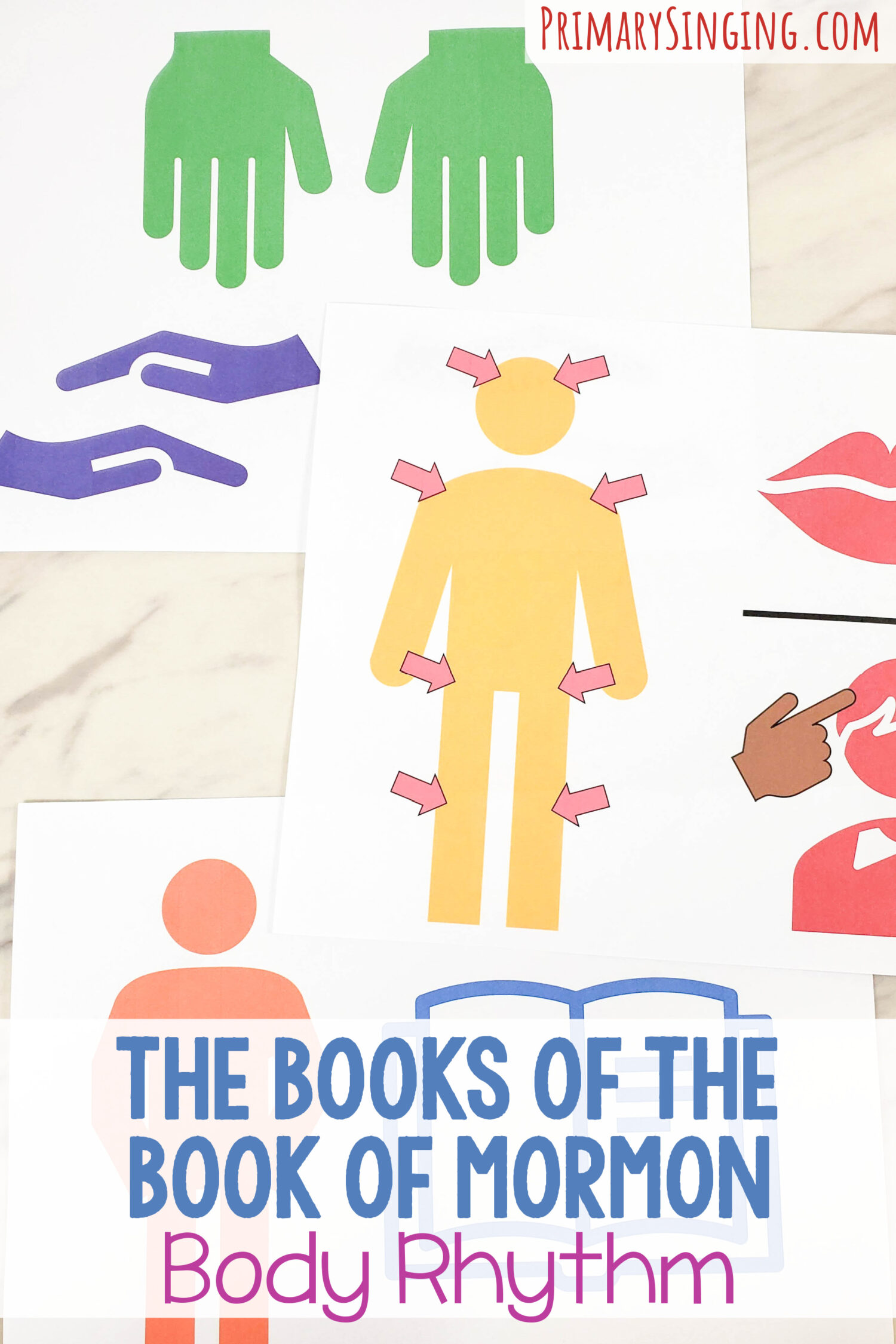 The Books of the Book of Mormon Body Rhythm singing time idea - fun way to get everyone up and moving and connect the melody with a movement sequence that the kids will go home practicing and singing as it's fun and easy to learn! Head over to see the full lesson plan and grab the free printable body rhythm pattern cards. For LDS Primary music leaders.
