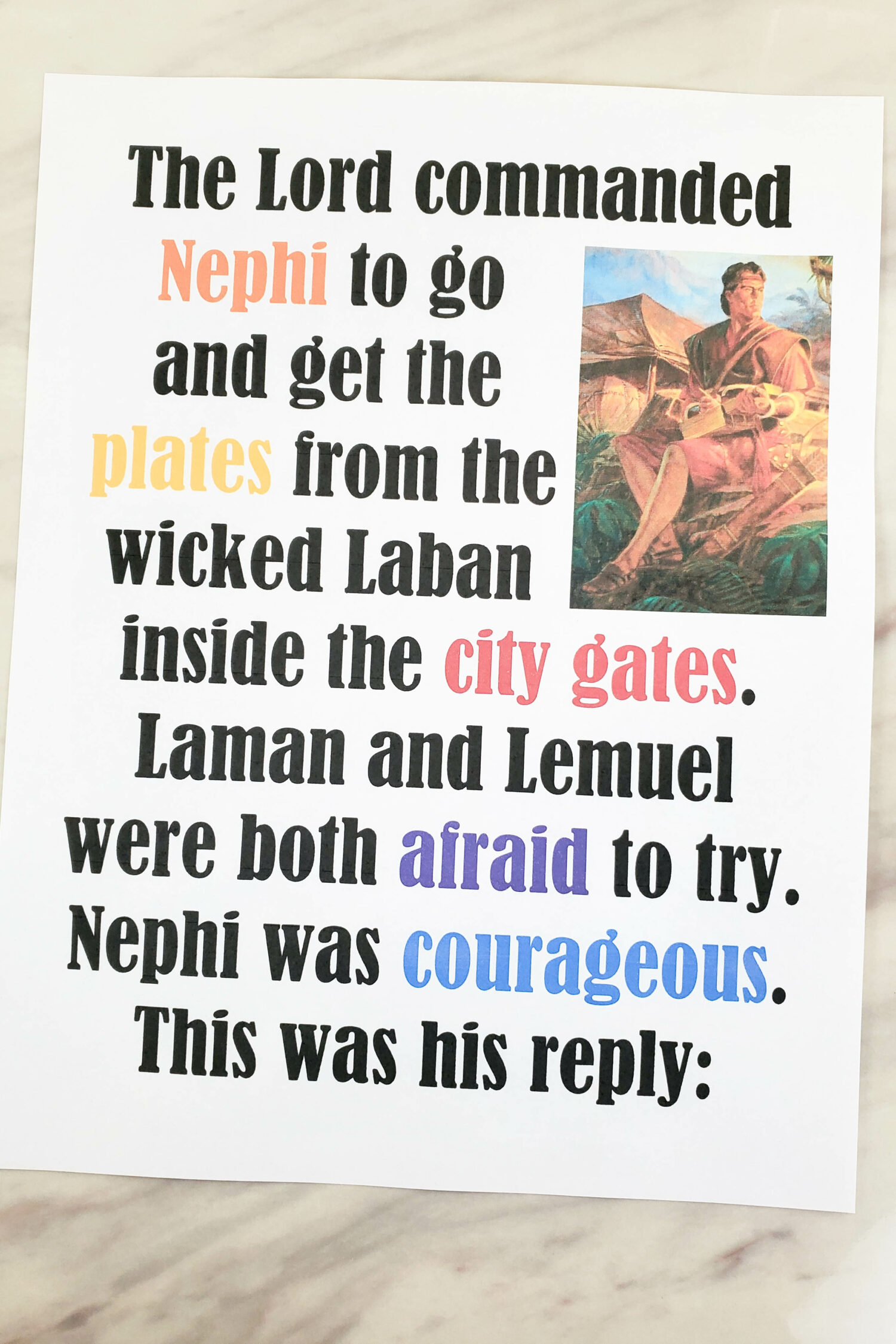 Nephi's Courage Flip Chart Teach this upbeat Primary song as part of your Book of Mormon Come Follow Me year. Find the lyrics and pictures plus words using photos from the church media library. Printable resource for LDS Primary Music leaders.