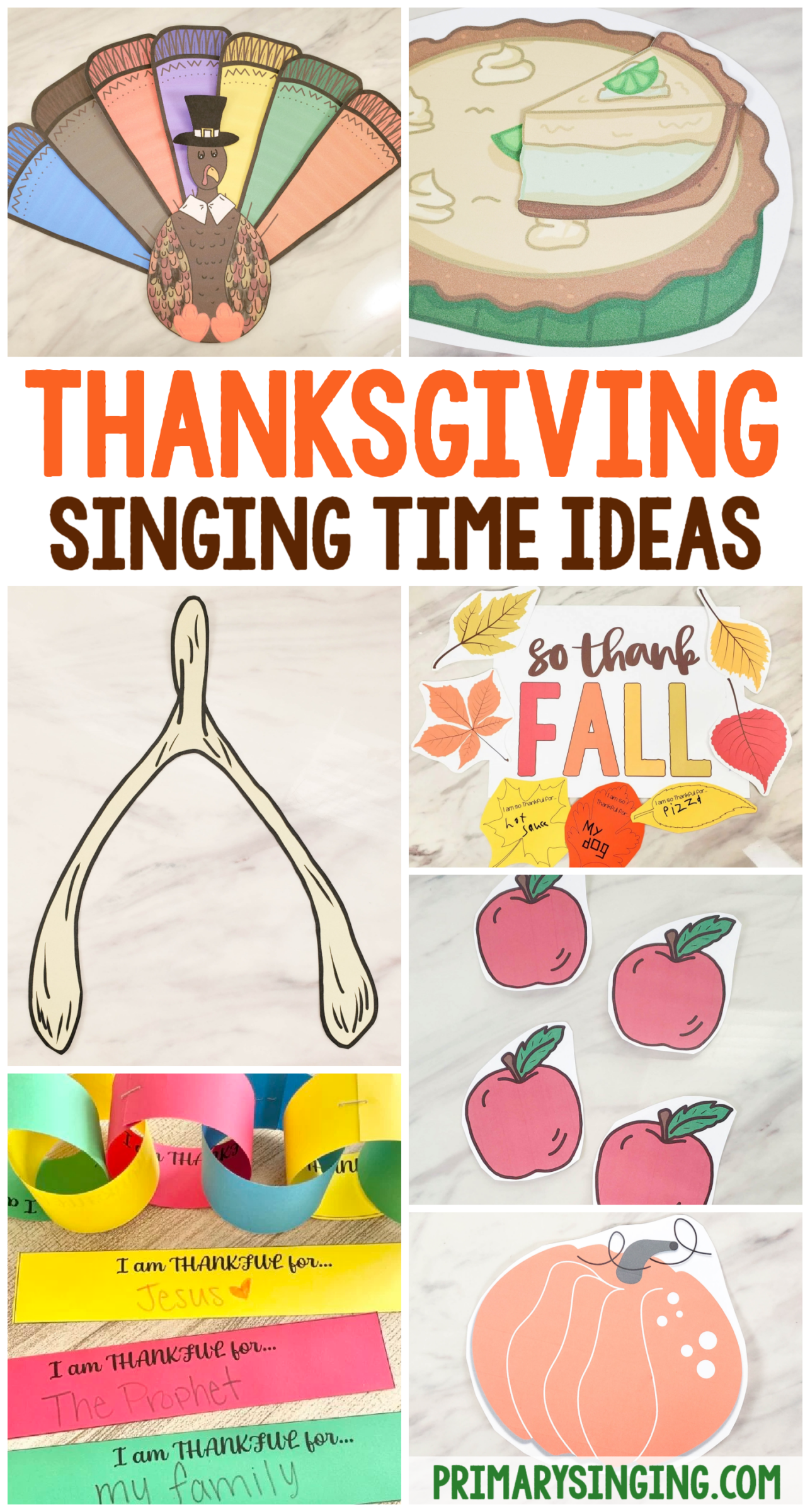 Thanksgiving Singing Time ideas so many fun activities and ideas to teach about gratitude and a thankful heart this November in your Primary! A resource list of lots of different activities for LDS Primary music leaders and teachers. Including break a turkey wishbone, so thank-fall leaves, build a thankful turkey full of colorful feathers, pick a thanksgiving pie slice or pie face game and many others!
