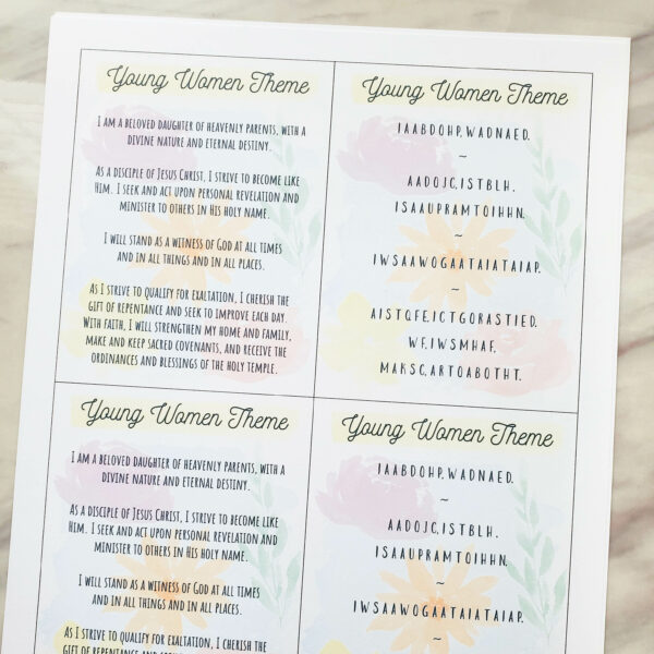 Young Women Theme Printable Poster plus additional fun formats and ways to help the girls memorize and recite the NEW LDS theme each week. Includes 1/2 page and 1/4 page cards plus bookmarks in the extended printables. Free printable 1-page theme poster for Young Women Presidencies. Use with the full lyrics, first letters, or letters with blanks to help memorize the theme plus 10 ideas for encouraging the girls to learn the theme.