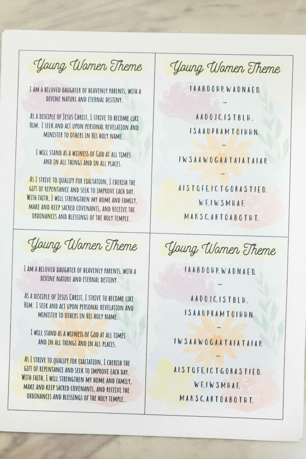 Young Women Theme Printable Poster plus additional fun formats and ways to help the girls memorize and recite the NEW LDS theme each week. Includes 1/2 page and 1/4 page cards plus bookmarks in the extended printables. Free printable 1-page theme poster for Young Women Presidencies.