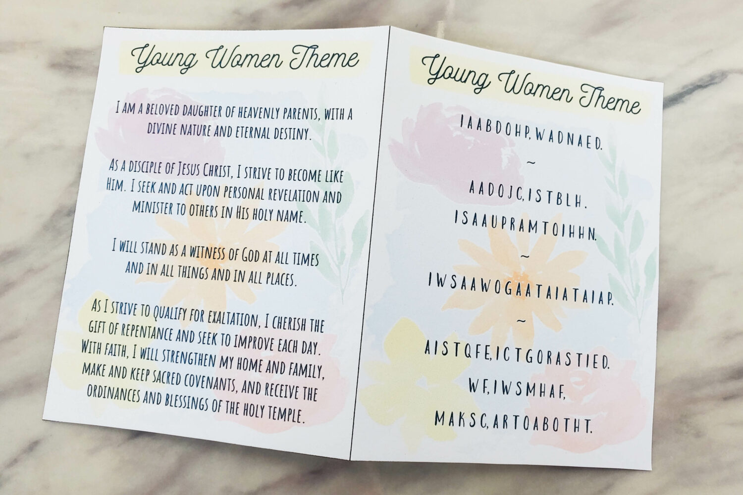 Young Women Theme Printable Poster plus additional fun formats and ways to help the girls memorize and recite the NEW LDS theme each week. Includes 1/2 page and 1/4 page cards plus bookmarks in the extended printables. Free printable 1-page theme poster for Young Women Presidencies.