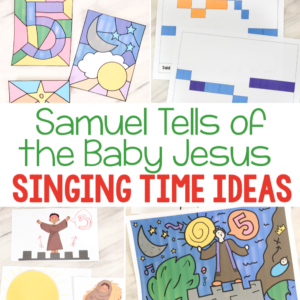 Samuel Tells of the Baby Jesus singing time ideas! Tons of fun ways to teach this song including ribbon wands, hand actions, rhythm sticks, stained glass art, a song puzzle and many more. You'll love these printable song helps for teaching this for LDS Primary music leaders.