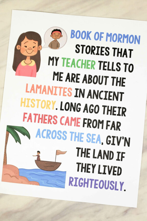 Book of Mormon Stories flip chart printable singing time song chart with illustrations pictures and lyrics perfect to help LDS Primary music leaders teach this song or for home Come Follow Me study.