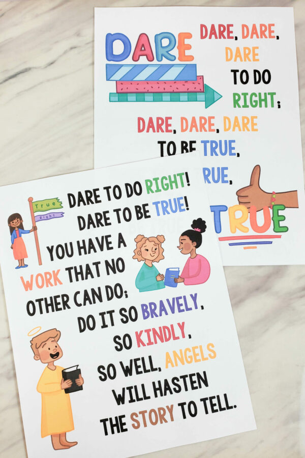 Dare to Do Right Flip Chart singing time visual aids helps for LDS Primary music leaders to teach this fun upbeat song as part of the Book of Mormon Come Follow Me study song list.