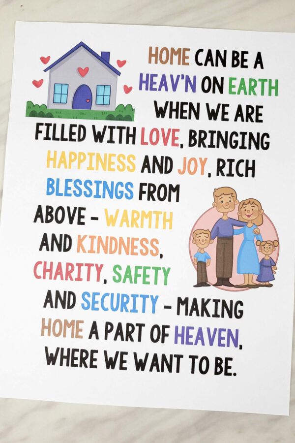 Home Can Be a Heaven on Earth Flip Chart for Primary Singing Time great visual aids to help teach this song for LDS Primary music leaders - illustration pictures and lyrics!