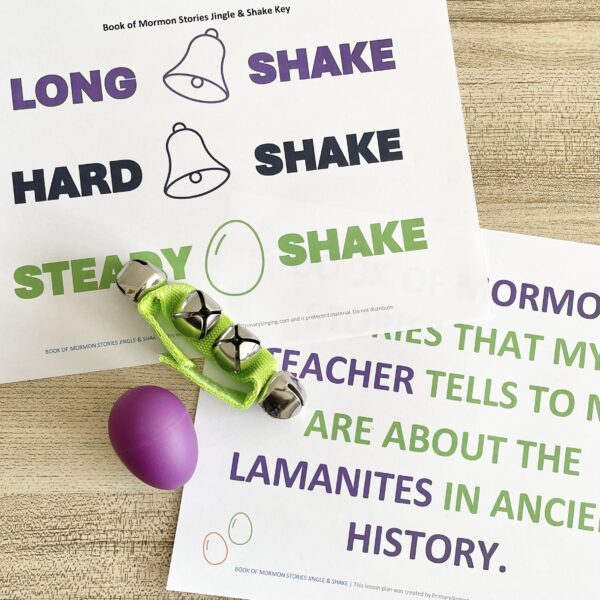 Book of Mormon Stories Jingle & Shake - you'll love this living music singing time idea with a printable jingle bells and egg shaker pattern for LDS Primary Music Leaders.