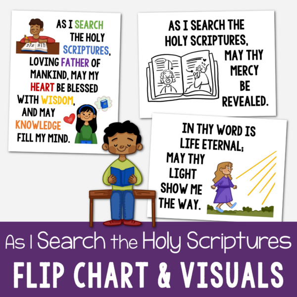 As I Search the Holy Scriptures flip chart and visual aids for LDS Primary music leaders singing time teaching helps with illustrations and lyrics to help teach this hymn! A Book of Mormon Come Follow Me song pick!