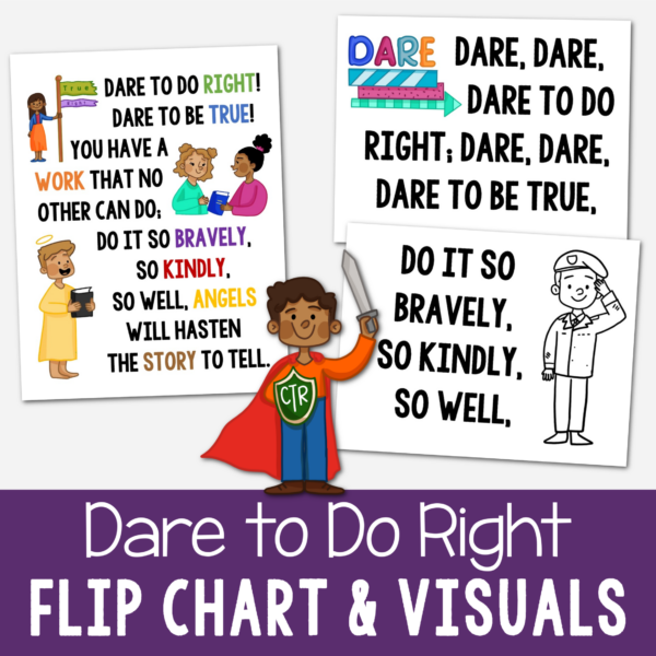 Dare to Do Right Flip Chart with beautiful custom art illustrations for pictures and lyrics together to help you teach this song. A great printable resource for LDS Primary music leaders for singing time or for home Come Follow Me use.