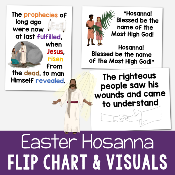 Easter Hosanna Flip Chart with beautiful custom art illustrations for pictures and lyrics together to help you teach this song. A great printable resource for LDS Primary music leaders for singing time or for home Come Follow Me use.
