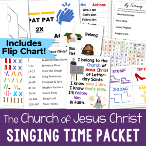 The Church of Jesus Christ flip chart printable singing time helps for LDS Primary Music leaders! Includes a variety of teaching ideas including a sentence maze, draw the chapel, compare and sort, rhythm partners, dance party, song scroll, maori sticks pattern and more!