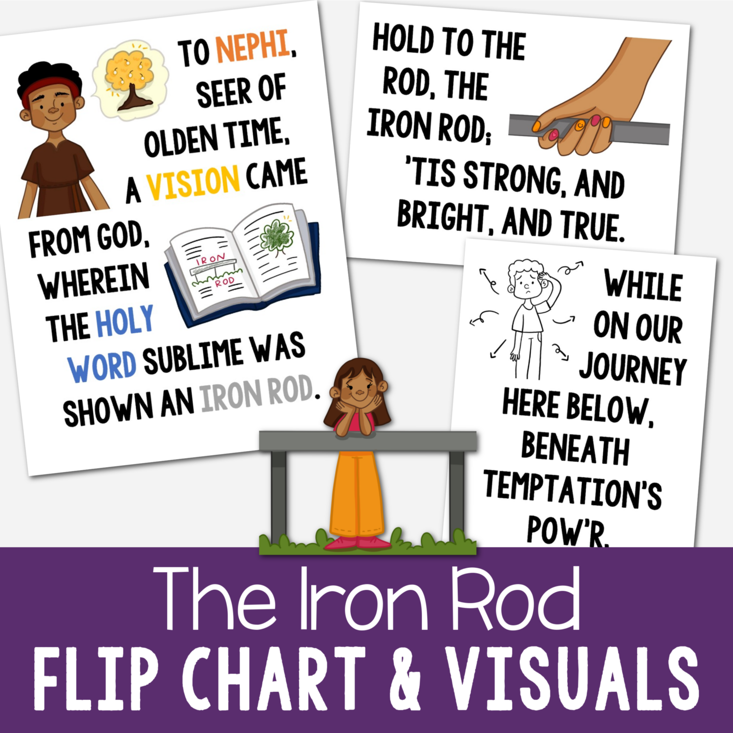 The Iron Rod Flip Chart - Teach this song with these beautiful custom art picture illustrations and visual aids that coordinate with the lyrics. Includes both color and black and white plus a slideshow. A great resource for LDS Primary music leaders or for home Come Follow Me use for families.