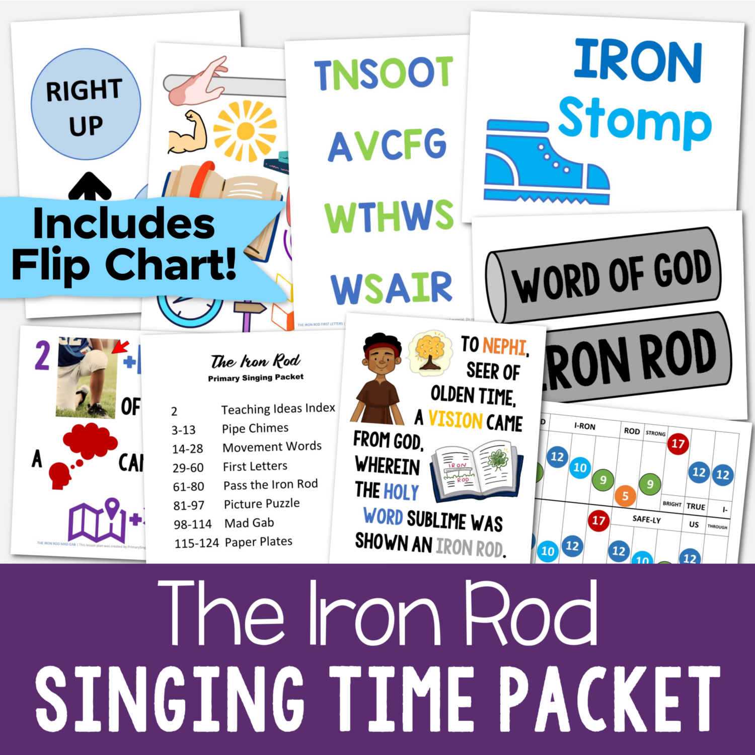 The Iron Rod singing time packet filled with fun ways to teach this hymn for LDS Primary music leaders including a custom art flip chart, paper plates, pipe chimes, song picture puzzle, first letters, mad gab, pass the iron rod and more.