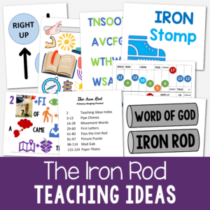 The Iron Rod singing time packet filled with fun ways to teach this hymn for LDS Primary music leaders including a custom art flip chart, paper plates, pipe chimes, song picture puzzle, first letters, mad gab, pass the iron rod and more.