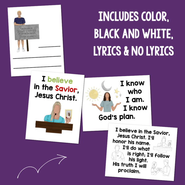 The Church of Jesus Christ flip chart with color and black and white printables for singing time