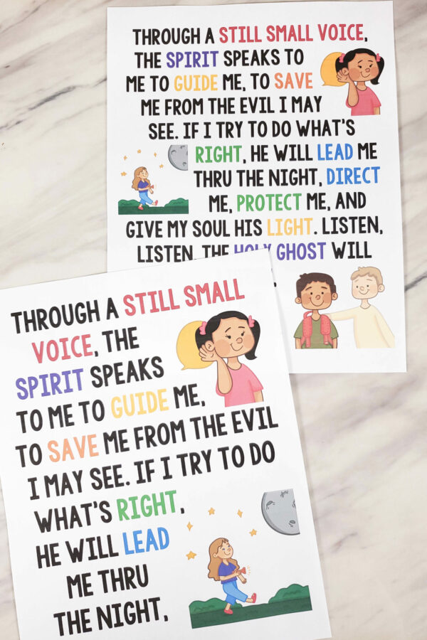 The Still Small Voice Flip Chart for Primary Singing Time great visual aids to help teach this song for LDS Primary music leaders - illustration pictures and lyrics!