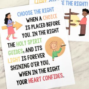 Choose the Right Flip Chart - Teach this song with these beautiful custom art picture illustrations and visual aids that coordinate with the lyrics. Includes both color and black and white plus a slideshow. A great resource for LDS Primary music leaders or for home Come Follow Me use for families.