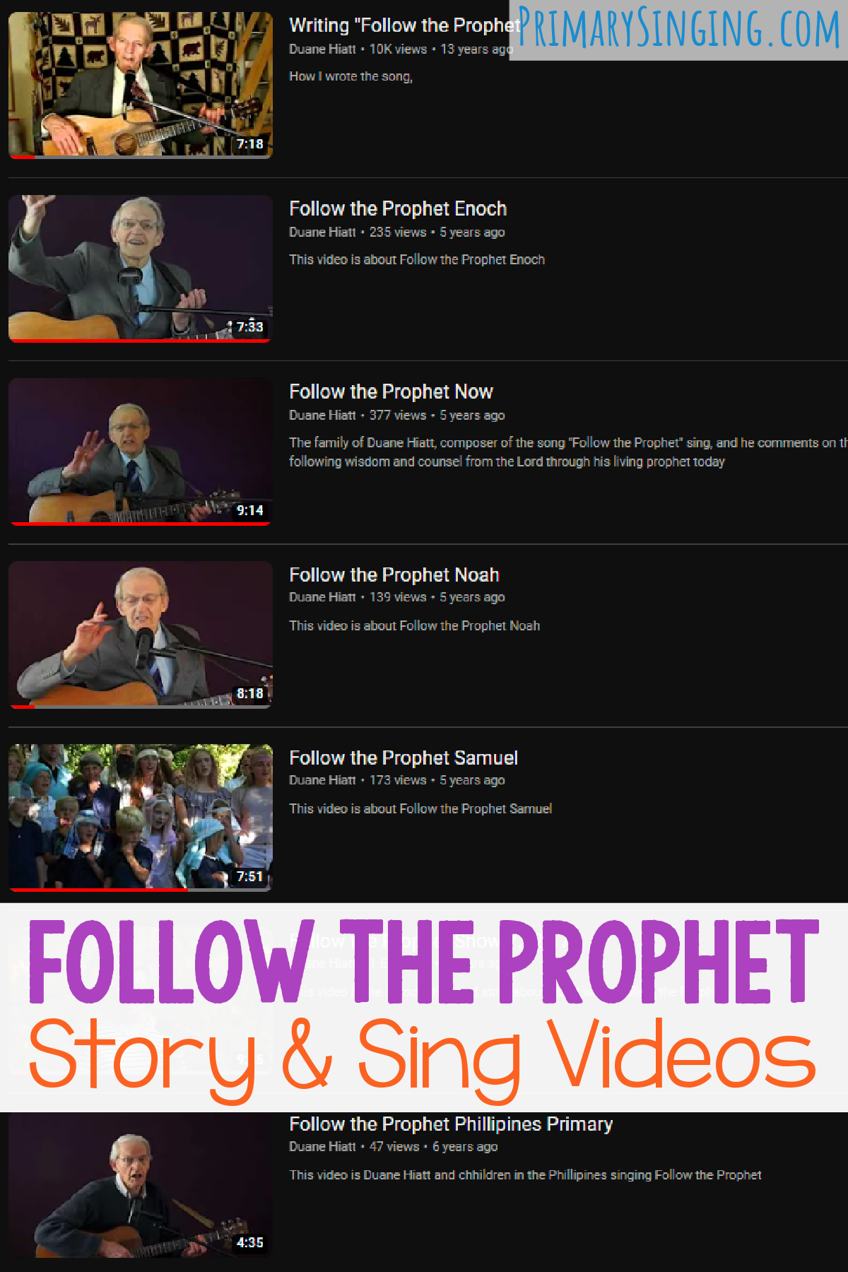 Follow the Prophet Story & Sing Videos - Learn the story behind the making of the LDS Primary children's songbook song Follow the Prophet from composer Duane E. Hiatt and the testimonies of his family members with these sweet videos that share some lessons learned from each of the Old Testament prophets and a sing-along video of the song verse.