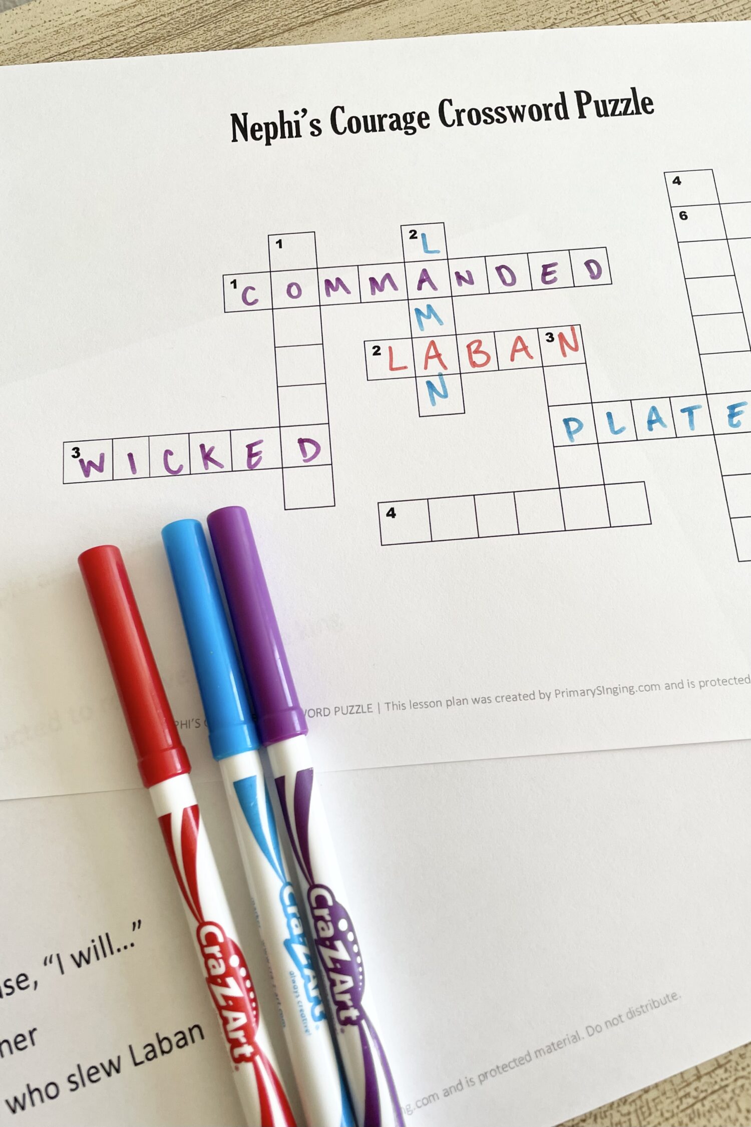 Nephi's Courage Crossword Puzzle - Try this fun crossword puzzle with clues from this Come Follow Me Book of Mormon song with song helps for LDS Primary Music Leaders.