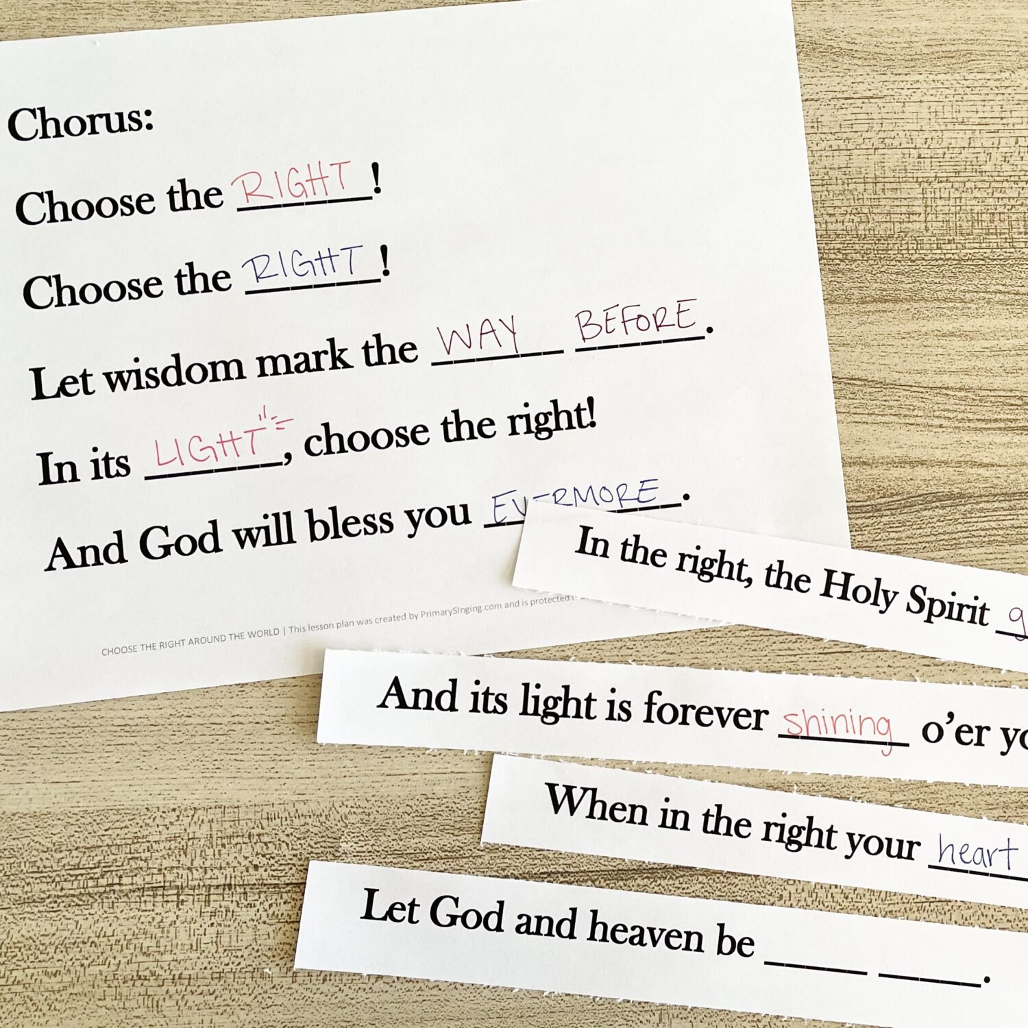 Choose the Right Around the World 3 Choose the Right Around the World - use this fun word representation activity and take turns filling in missing word blanks with printable song helps for LDS Primary Music Leaders.