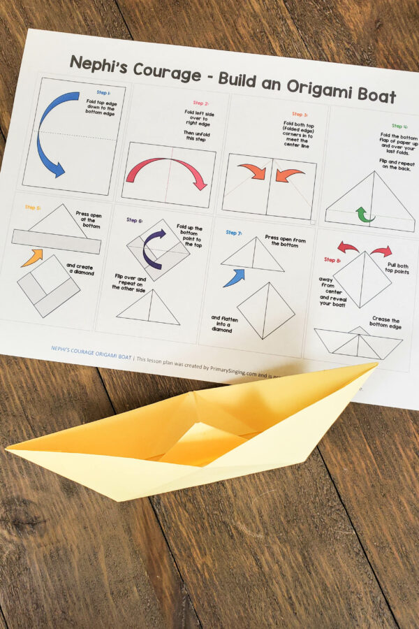 Build an Origami Boat as you teach Nephi's Courage in Singing Time! A great object lesson with lots of singing repetition build in as you learn to do hard things together! Printable song helps for LDS Primary music leaders and families. Step by step directions on how to make an origami boat quick and easy tutorial.