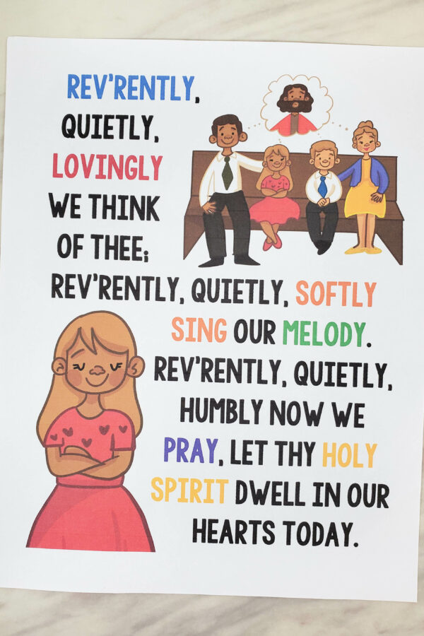 Reverently Quietly Flip Chart printable song visuals with illustration pictures and lyrics for LDS Primary music leaders singing time helps!