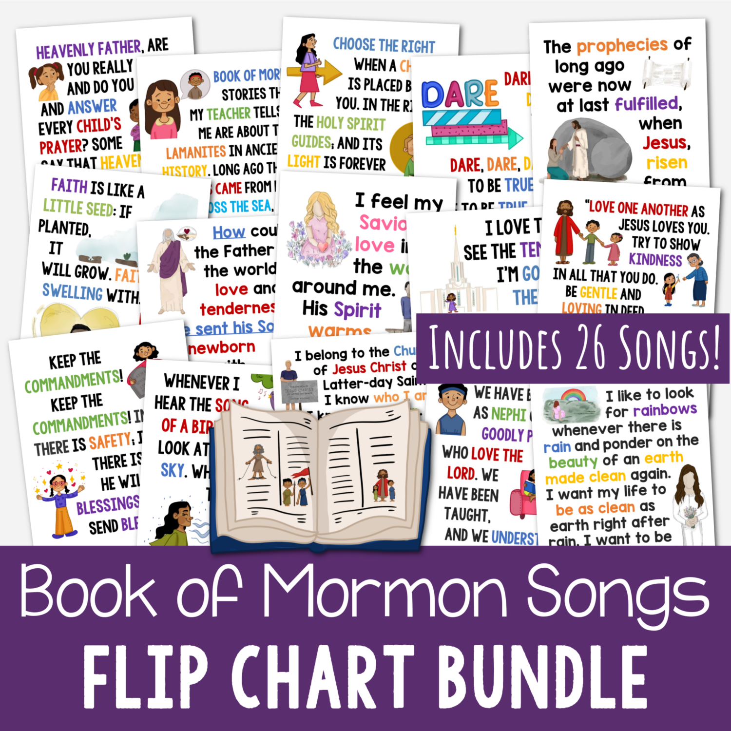 Book of Mormon Flip Charts MEGA Bundle! Includes 26 flip charts for songs from the Come Follow Me Book of Mormon song lists. This set will help you be prepared to teach songs from this list all through the year!