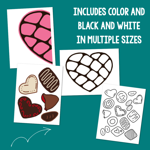 Valentine's Day Box of Chocolates singing time game in color and black and white and various sizes
