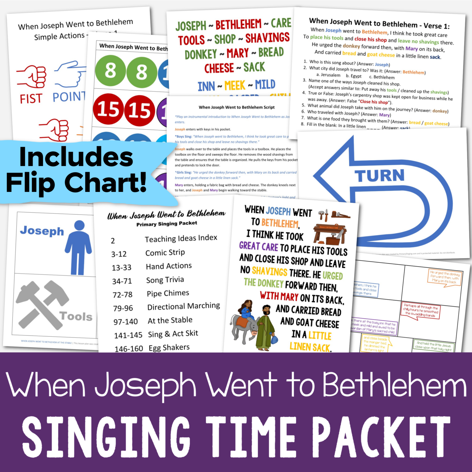 When Joseph Went to Bethlehem singing time packet filled with fun ways to teach this song for LDS Primary music leaders including a custom art flip chart, comic strip, egg shakers, hand actions, directional marching, pipe chimes, song trivia and more!