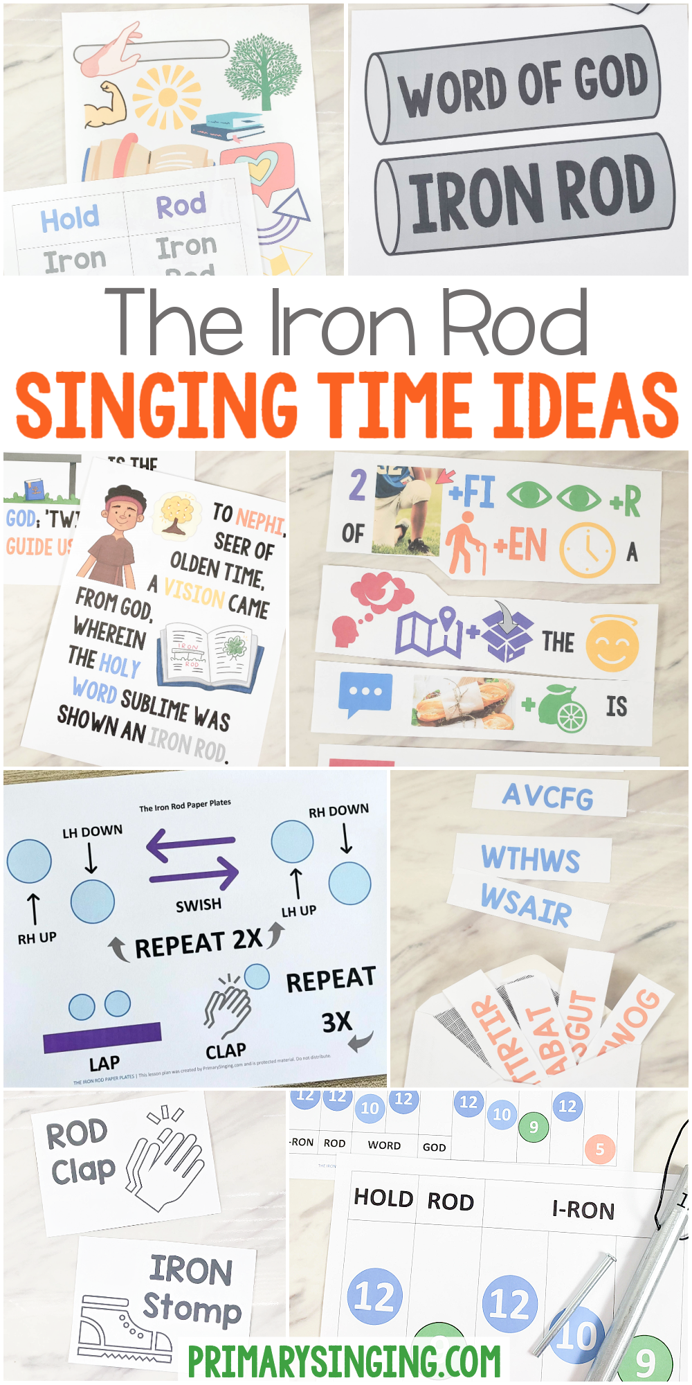 The Iron Rod singing time ideas fun ways to teach The Iron Rod hymn for LDS Primary music leaders including a custom art flip chart, paper plates, pipe chimes, song picture puzzle, first letters, mad gab, pass the iron rod and more.