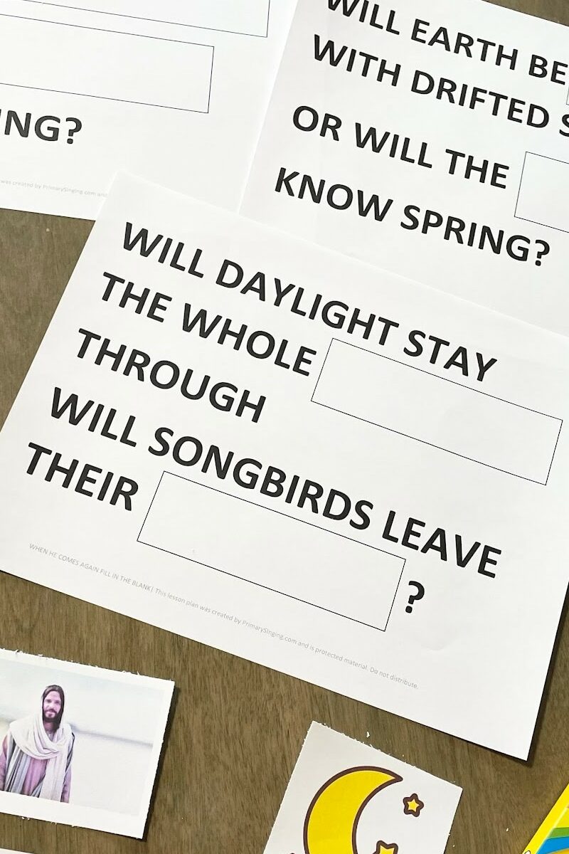 My Senior primary children especially love playing word games in singing time! Try this fun When He Comes Again Fill in the Blank activity to see how well your primary kids know the lyrics to When He Comes Again! Printable lesson plan for LDS Primary Music Leaders. #LDS #Primary #Singingtime #Musicleader