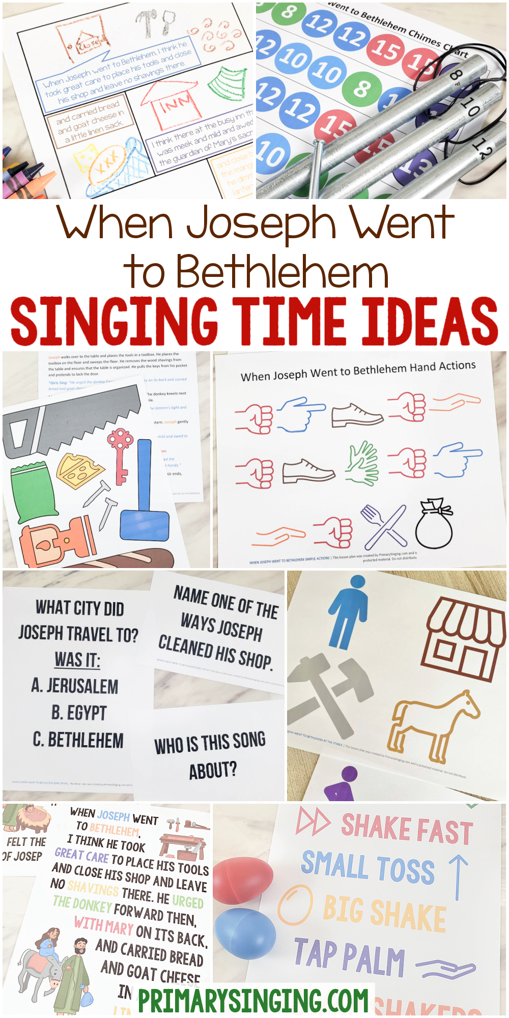 When Joseph Went to Bethlehem Singing Time Ideas - Lots of fun ways to teach this Primary Christmas song including comic strip, pipe chimes, hand actions, song trivia, egg shakers, art flip chart and many more! A great resource list for LDS Primary music leaders.